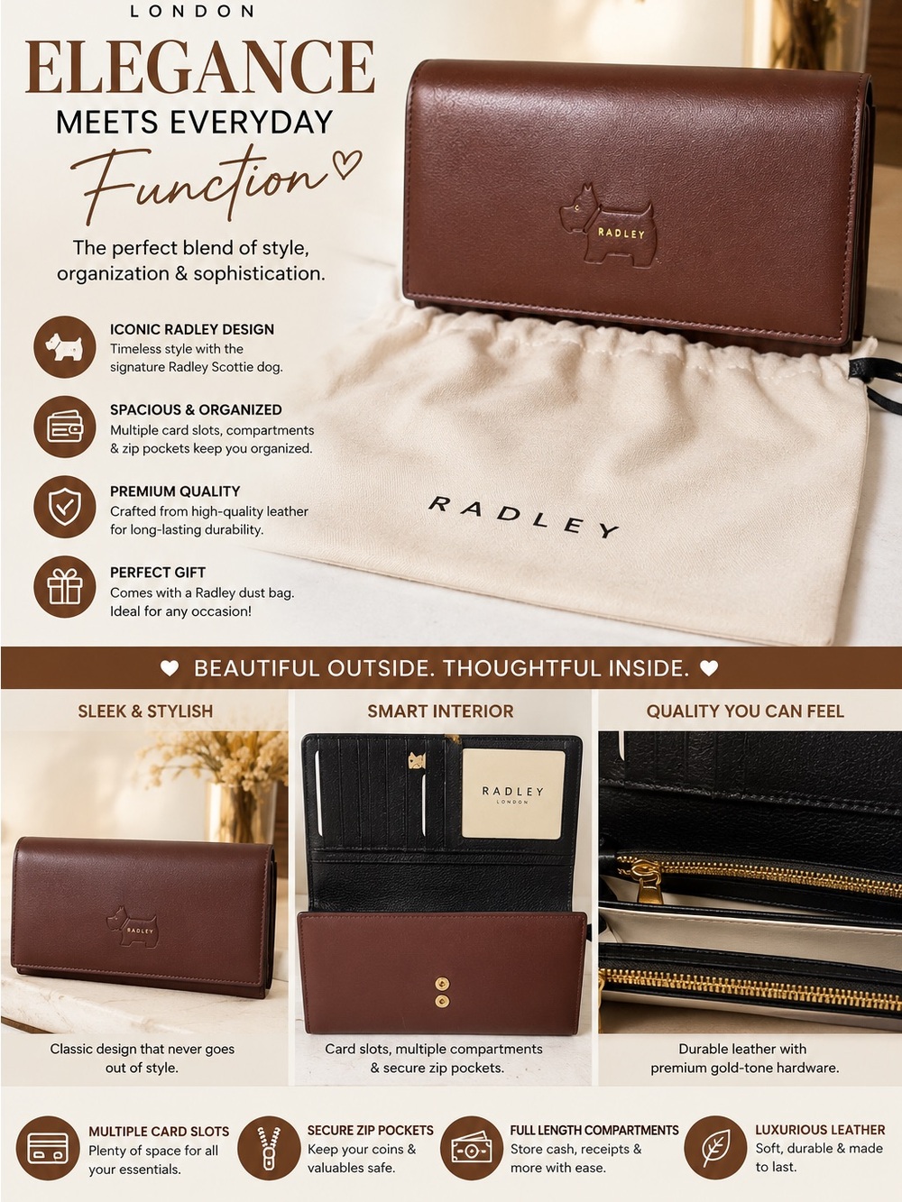 RADLEY LONDON Black Leather Zip-Around Wallet with Gold Hardware